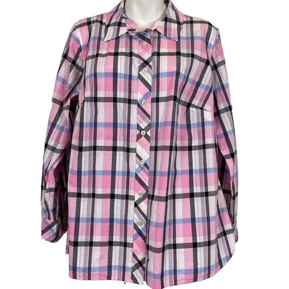Talbots Plus Womens 100% Cotton Pink Plaid Long Sleeve Button Up Shirt X / 0X - Picture 1 of 16